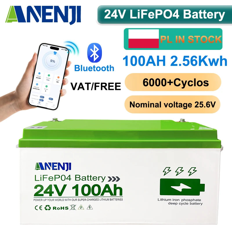 24V LiFePO4 Akumulators 100Ah ar Iebūvētu BMS, Bluetooth, IP65, 2.56kWh, 6000+ Cikli