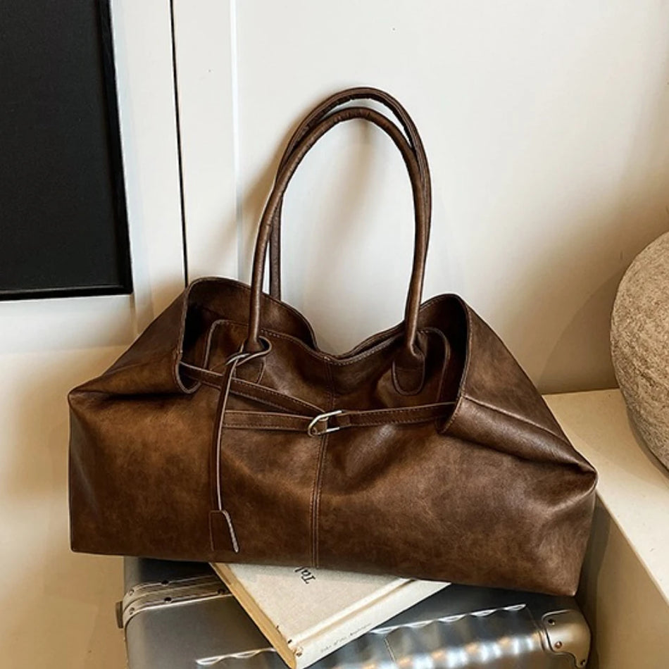 Winter Style Vintage PU Shoulder Bag for Women, Large Capacity Tote with Two Sizes