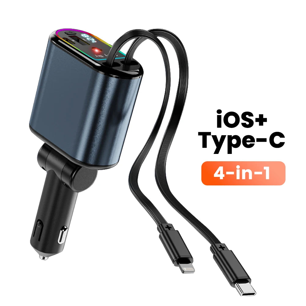 120W 4-In-1 Retractable Car Charger Type-C - Fast Charge TypeC and IOS