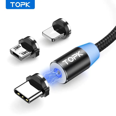 Magnetic Charging Cable 3 IN 1 TOPK 360 Degree Rotating Magnetic Phone Charger Cable Nylon Braided Magnetic Micro USB C Cable by InterCyprus Trading Ltd