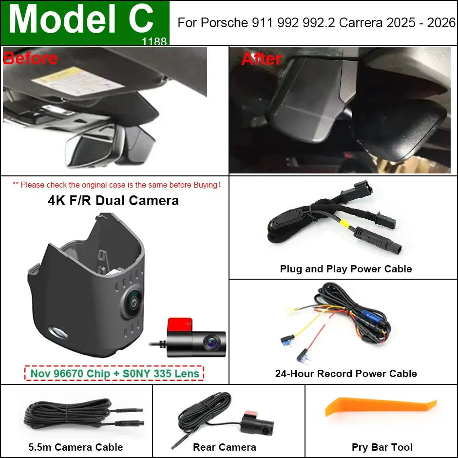 Plug and Play Hidden 4K Dash Cam Car DVR Front/Rear Camera For Porsche Panamera Cayenne Macan Taycan 911 718 2010-2025 by InterCyprus Trading Ltd