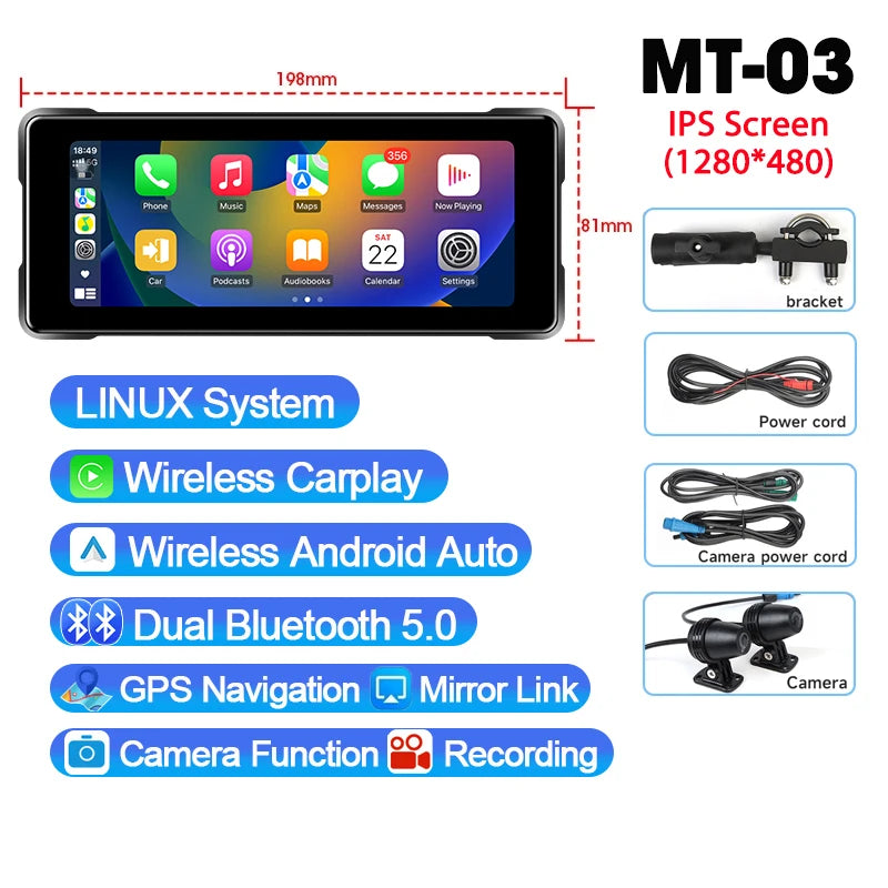 CarPlay Motorcycle DVR GPS Navigation &ndash; Wireless Connectivity with IPX7 Waterproofing MT-03 Carplay DVR