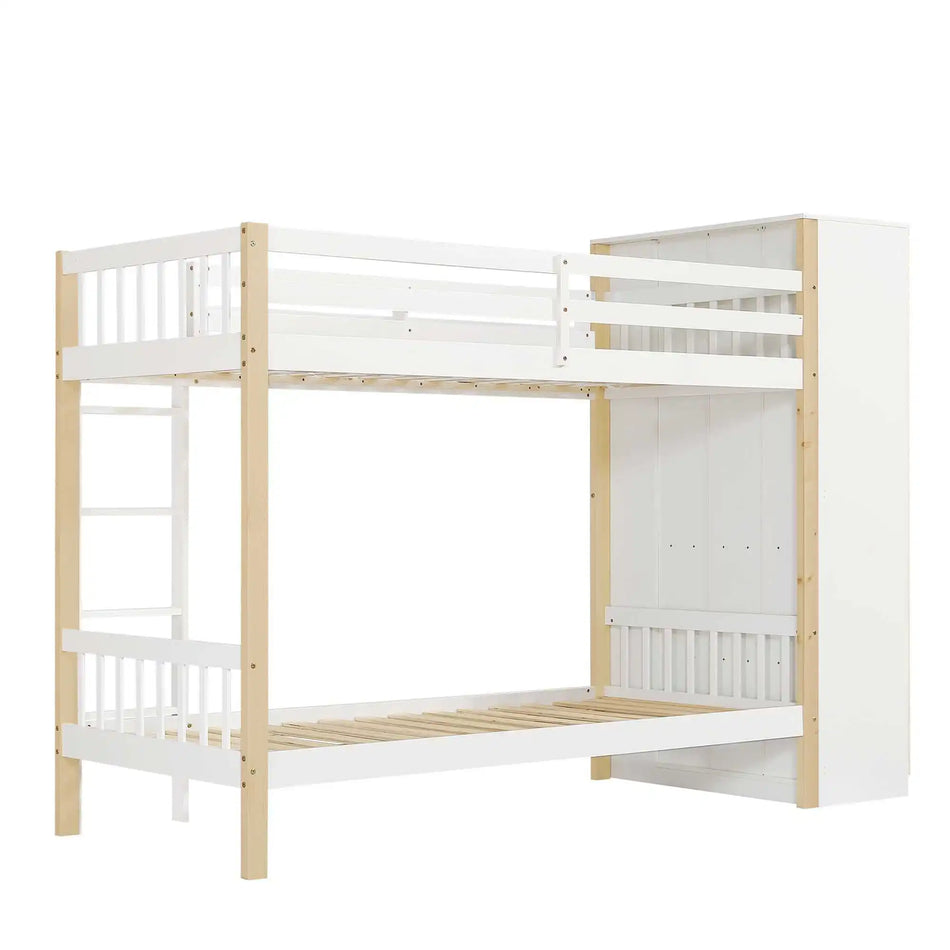 Łóżko piętrowe z barierką i boczną szafą sosnową i PB 90x200