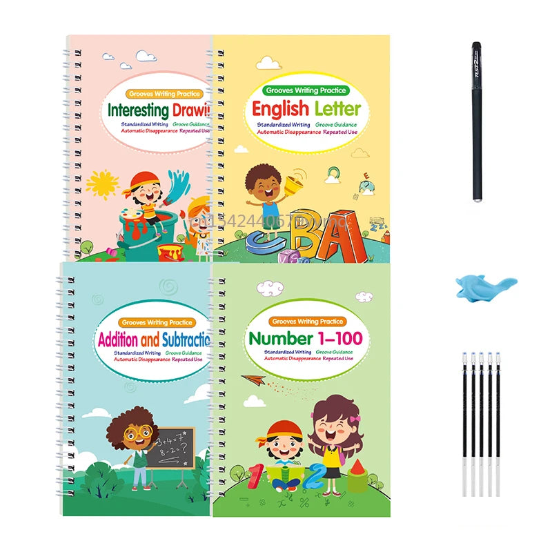 Reusable English Learning Calligraphy Book for Kids - Practice Writing, Drawing, and Numbers Education Toy 4Books-Set