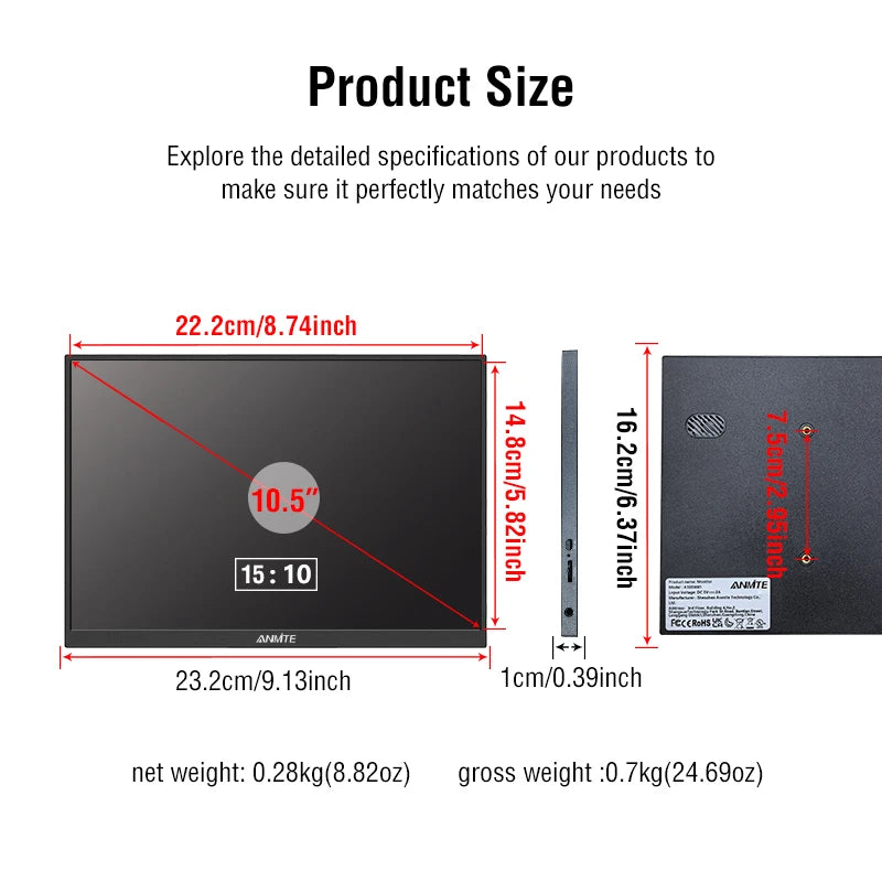 Anmite 10.5-Inch Portable Monitor 1280P HDR - Perfect for Gaming &amp; Expansion