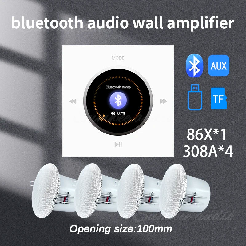 YINLEENCL 86X Mini Bluetooth Wall Amplifier with Ceiling Speaker Set for HiFi Home Theatre Wh amp with 4 spks