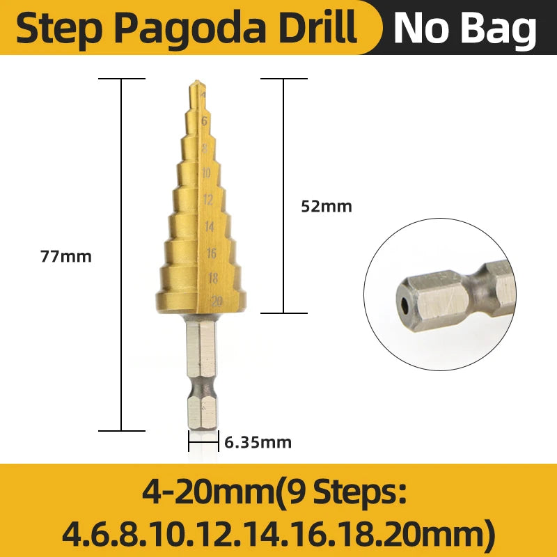HSS Titanium Step Drill Bit Set for Metal &amp; Wood - High-Speed Steel, 4-12mm, 4-20mm, 4-32mm 4-20