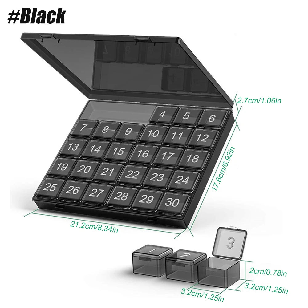 30-Day Large Compartment Monthly Pill Organizer for Vitamins and Medication, BPA-Free Pill Case black