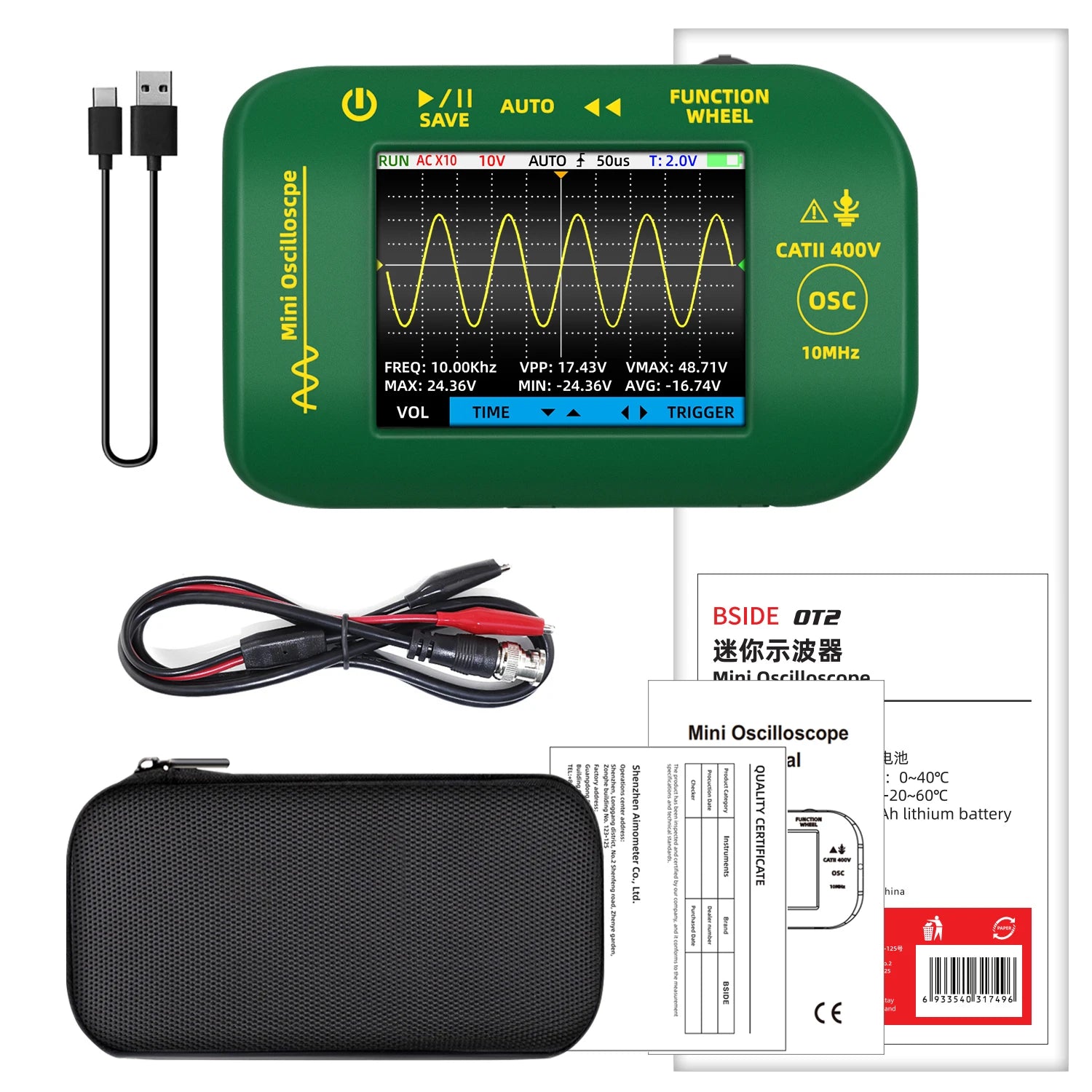 BSIDE OT2 Handheld Auto Oscilloscope &ndash; 10 MHz Sampling Rate OT2-Alligator Clip / CHINA