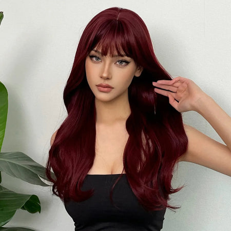 Wine Red Long Curly Synthetic Wig with Bangs - Heat Resistant &amp; Daily Wear