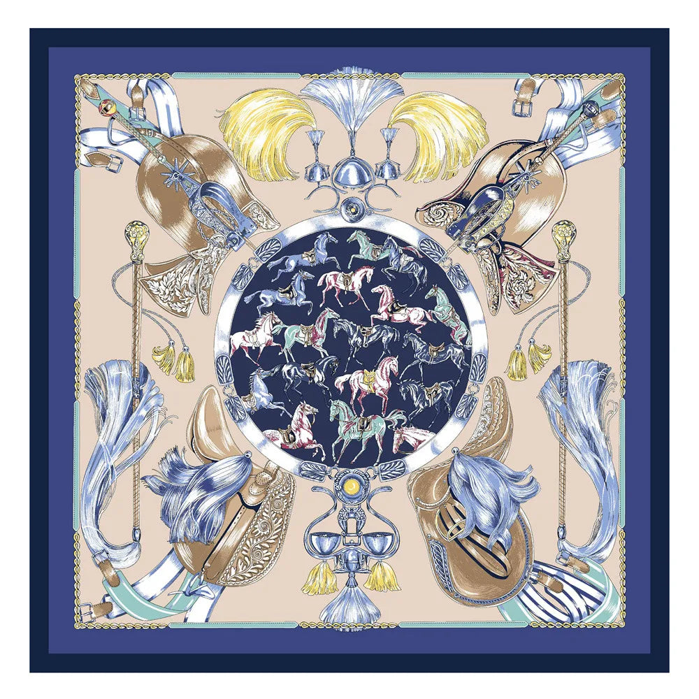 POBING Twill Silk Square Scarf &ndash; Captivating Giraffe Print 8-Navy