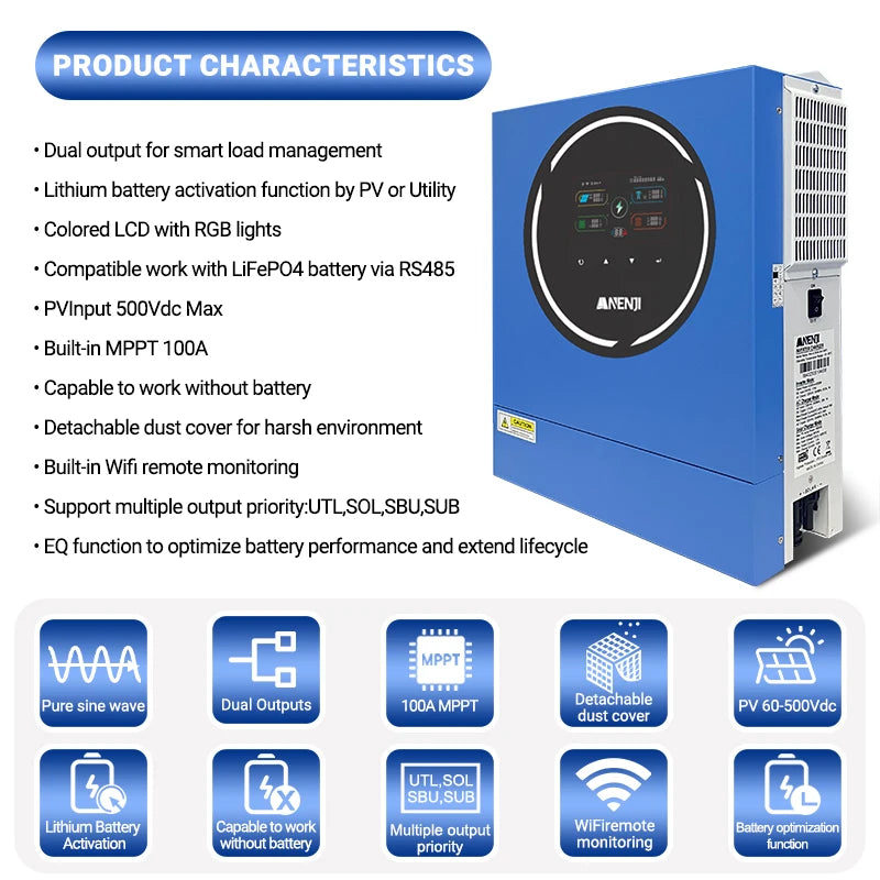 ANENJI 5KW 48V Dviejų Išėjimų Hibridinis Saulės Keitiklis su MPPT 100A Off Grid and On Grid