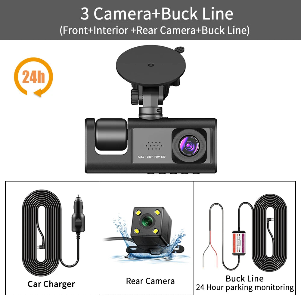 3 Channel Dash Cam Video Recorder &ndash; Triple Lens 24H Parking Monitor 3 Camera - BL / 64G