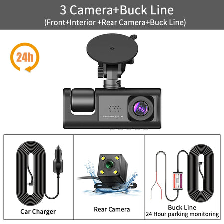 3 Channel Dash Cam Video Recorder &ndash; Triple Lens 24H Parking Monitor 3 Camera - BL / 64G