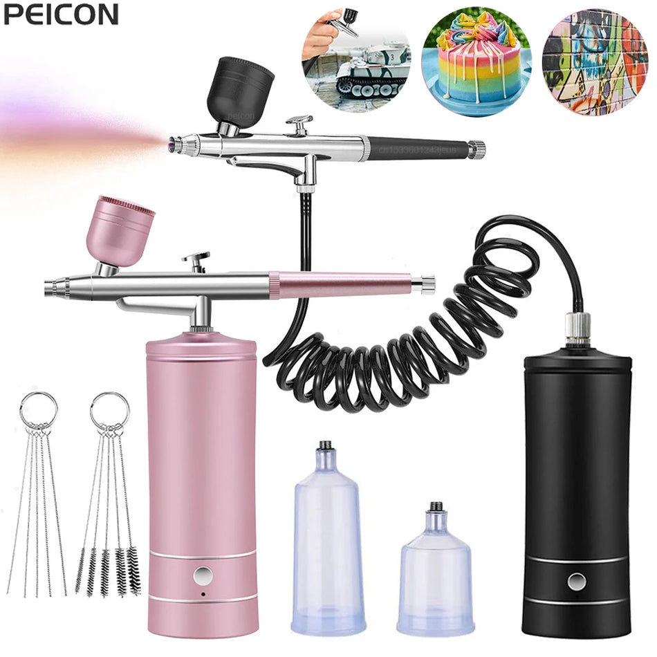Airbrush Spray Gun Kit with Portable Wireless Compressor for Paint, Nails, Cakes