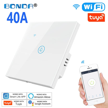 Smart Water Heater Switch with Voice Control and Touch Panel 703EU-WHITE-40A