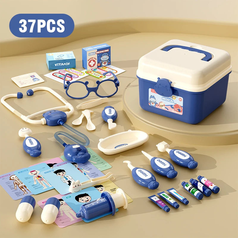 Child Doctor Kit Pretend Play Set - Storage Box Included 37PCS blue