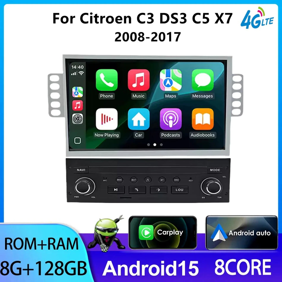 7-calowy radioodtwarzacz Android 15 do samochodu dla Citroena C3 DS3 C5 X7 2009-2017 z Apple Carplay, nawigacją GPS, podwójnym gniazdem DIN, odtwarzaczem audio.