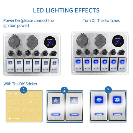 Premium 4/6 Gang Waterproof Switch Panel with Digital Voltmeter and Dual USB Ports