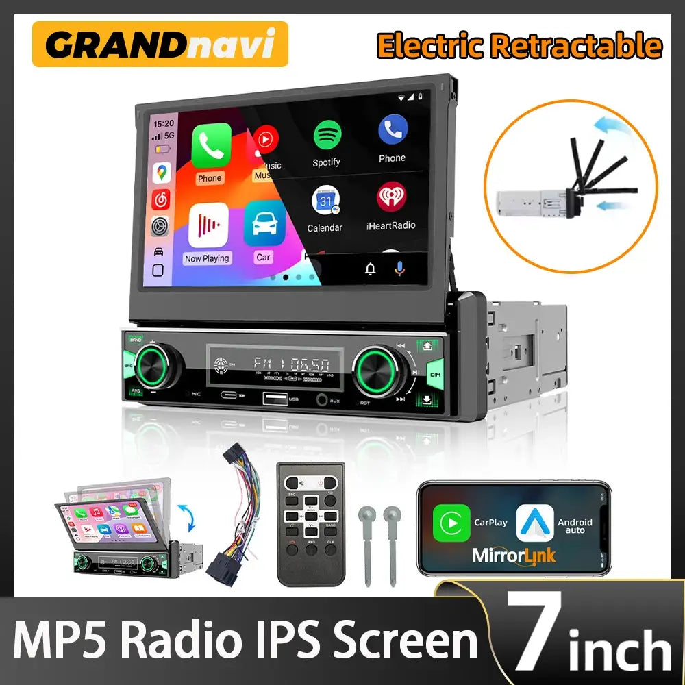 1DIN 7Inch MP5 Car Radio Player FM AM RDS Automatic Retractable IPS Touch Screen Wireless CarPlay Android Auto Car Stereo GPS by InterCyprus Trading Ltd