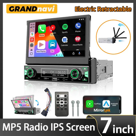 1DIN 7Inch MP5 Car Radio Player FM AM RDS Automatic Retractable IPS Touch Screen Wireless CarPlay Android Auto Car Stereo GPS by InterCyprus Trading Ltd