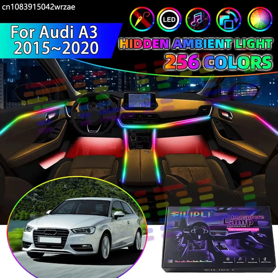 For Audi A3 2015~2020 8V MK3 3th RGB Car Interior Ambient Lights Strips Breathing Lighting Kit App Control LED strips Auto Parts by InterCyprus Trading Ltd