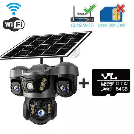 15MP Solar Camera Triple Lens Triple Screen Two-Way Audio Outdoor IP66 Waterproof HD Security CCTV WIFI Wireless Network Camera WiFi Cam 64G Card