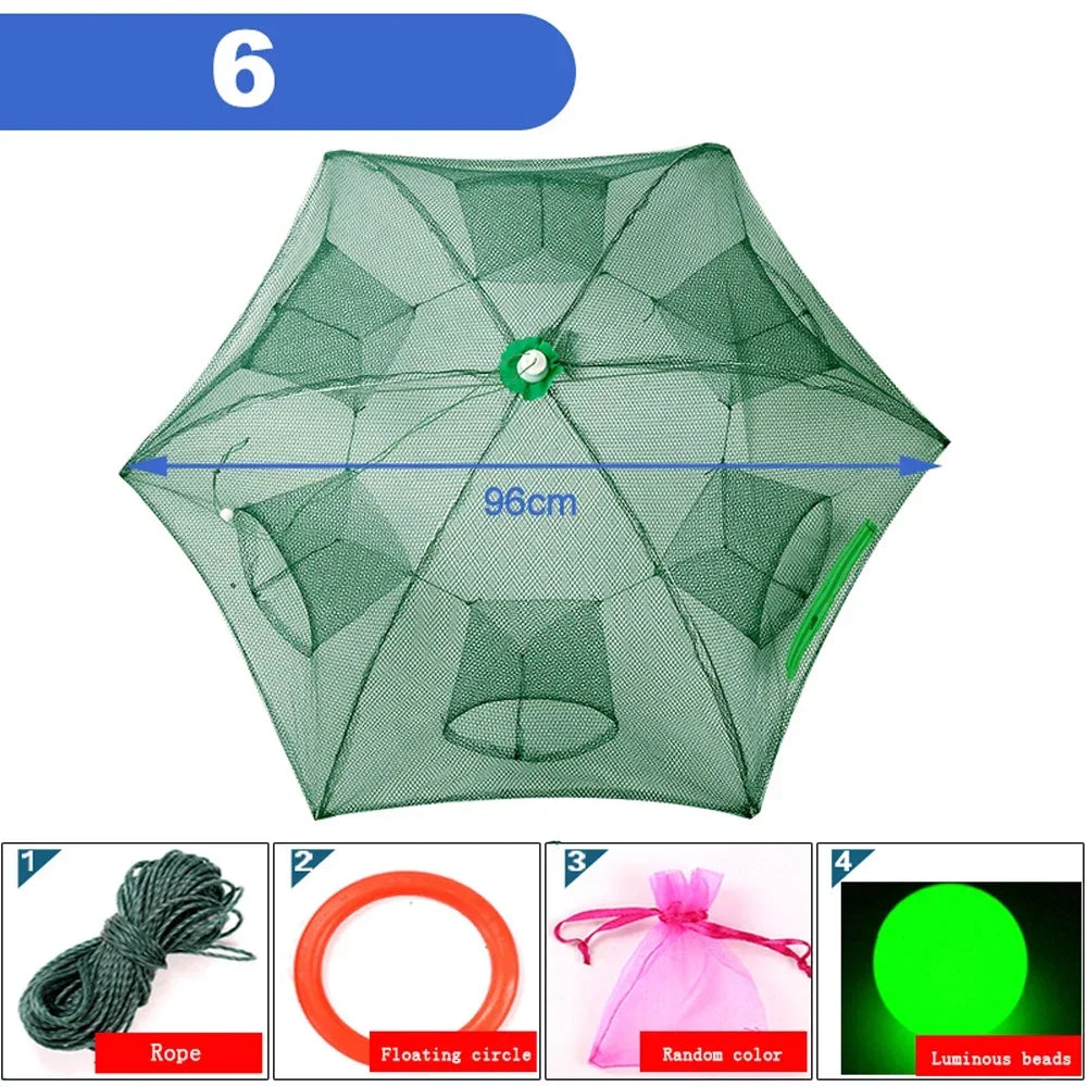 Portable Foldable Fishing Net Shrimp Cage - Automatic Nylon Fish Trap 6 HOLES