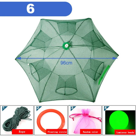 Portable Foldable Fishing Net Shrimp Cage - Automatic Nylon Fish Trap 6 HOLES