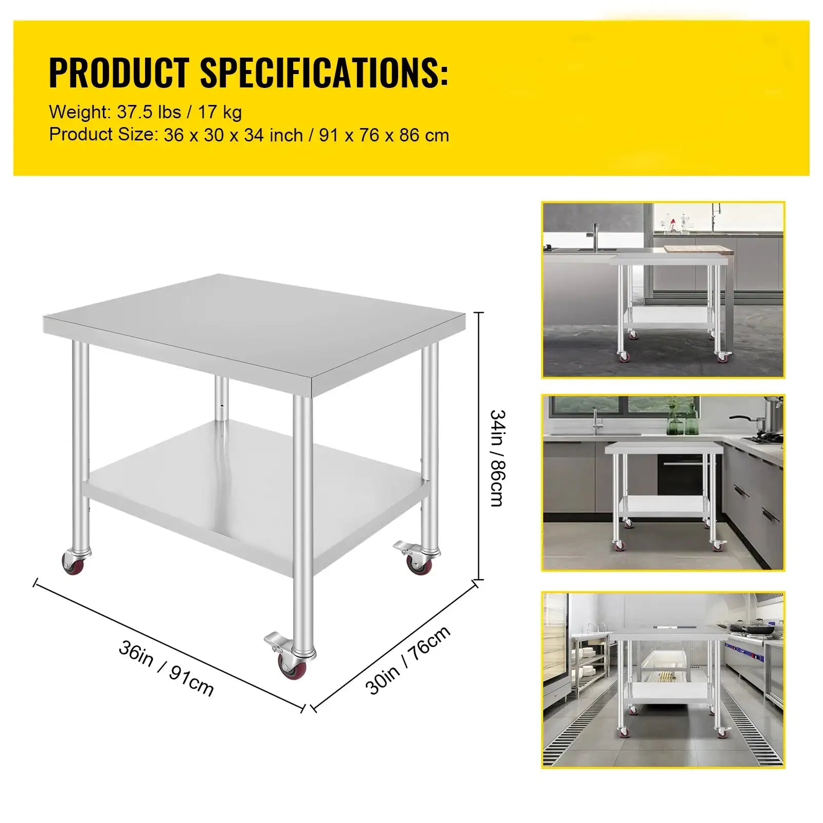 Stainless Steel Work Table With Caster Wheels And Shelves 36 x 30 inch / CZECH REPUBLIC