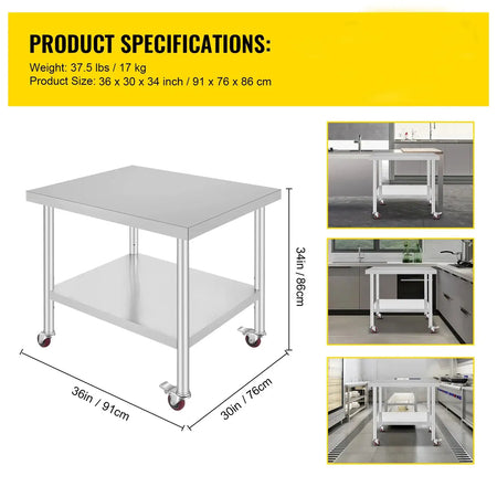 Stainless Steel Work Table With Caster Wheels And Shelves 36 x 30 inch / CZECH REPUBLIC