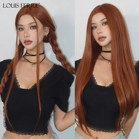 LOUIS FERRE Long Straight Red Brown Copper Synthetic Wig for Daily Use