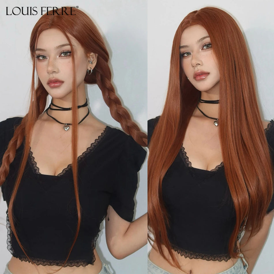 LOUIS FERRE Long Straight Red Brown Copper Synthetic Wig for Daily Use