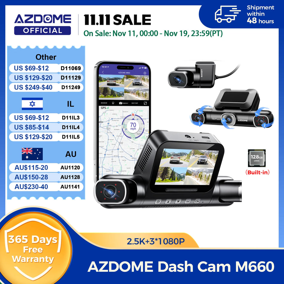 AZDOME M660 360 Stupňová 4CH Dash Cam s 2K+1080P GPS WiFi IR Nočním Viděním