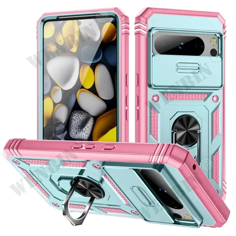 Heavy Duty Armor Case with 360 Degree Rotating Kickstand for Google Pixel 9A, 9, 8, 7 Pro, 8A, 7A, 6A - Shockproof Protective Cover GreenPink / Google Pixel 9