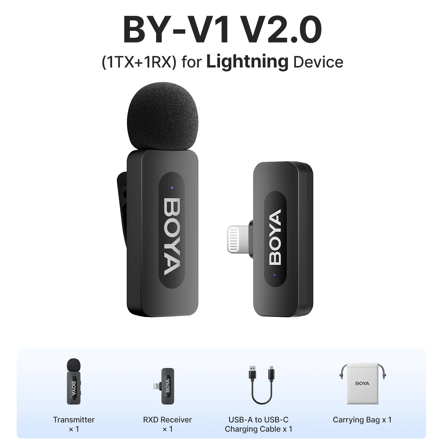 BOYA BY-V3 Wireless Lavalier Microphone with Noise-Cancelling for Superior Audio Recording BY-V1 2.0--Lightning
