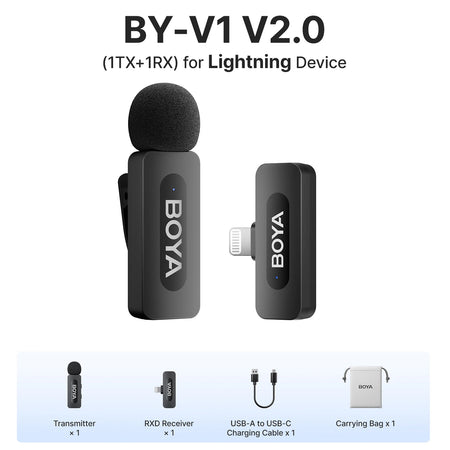 BOYA BY-V3 Wireless Lavalier Microphone with Noise-Cancelling for Superior Audio Recording BY-V1 2.0--Lightning