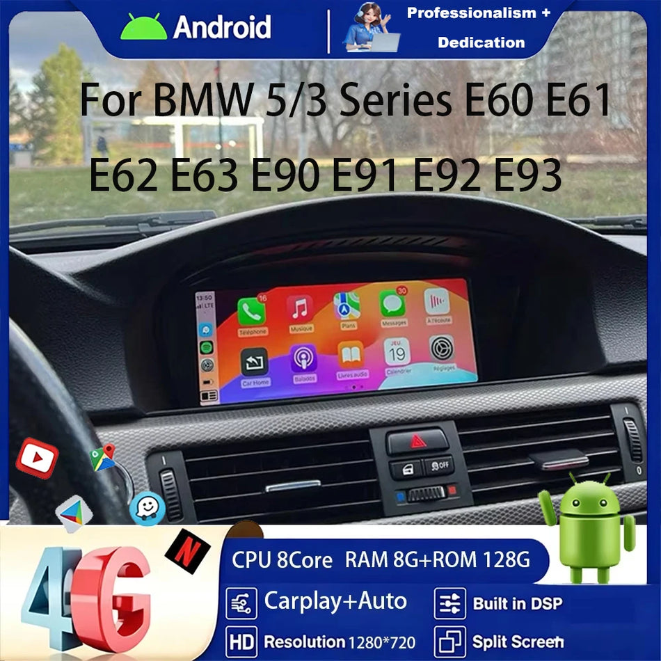 Bezprzewodowe CarPlay Radio Android 15 do BMW Serii 5 Serii 3 E60 E90