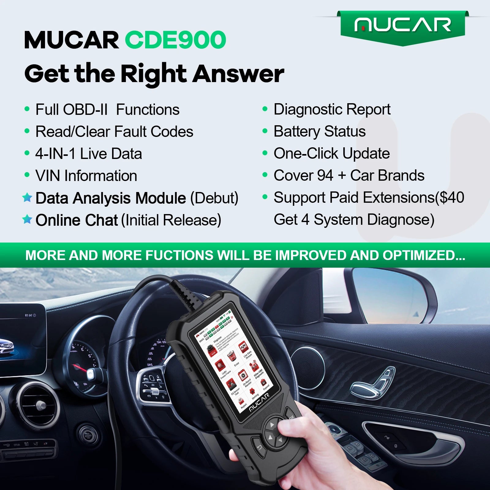 MUCAR CDE900 Obd2 Scanner &ndash; 4 Inch Touchscreen Free Update