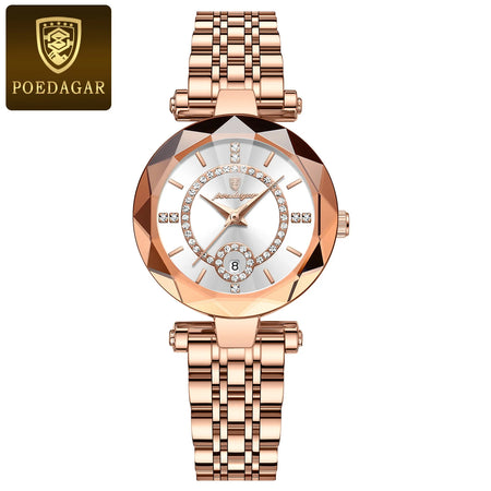 POEDAGAR Women's Luxury Diamond Quartz Watch - Waterproof Stainless Steel Rose Gold White