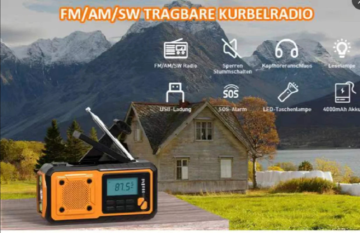 5000mAh Emergency Hand Crank Radio with AM/FM/NOAA, Digital Display, and Solar Power Orange