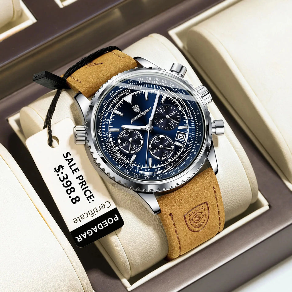 Luxe Heren Horloge POEDAGAR Waterdichte Chronograaf Leren Band