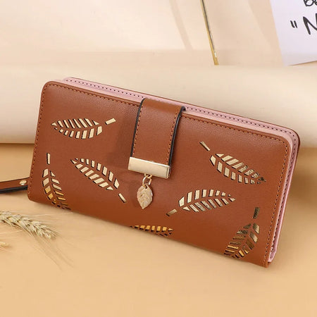 Ladies' PU Leather Hollow Leaves Long Zipper Wallet Brown / CHINA