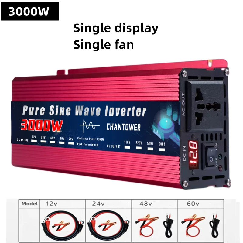 CHANTOWER Pure Sine Wave Inverter - 12V/24V DC to AC, 2000W-5000W 3000W / Universal / 24V|110V 60HZ