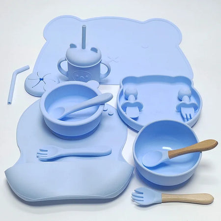 CZSAE 14pcs Silicone Baby Tableware Set &ndash; Drop-Proof and Non-Slip Design sky blue