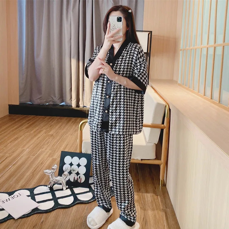 Ice Silk Pajamas for Women - Summer Nightwear Set with Cartoon Print