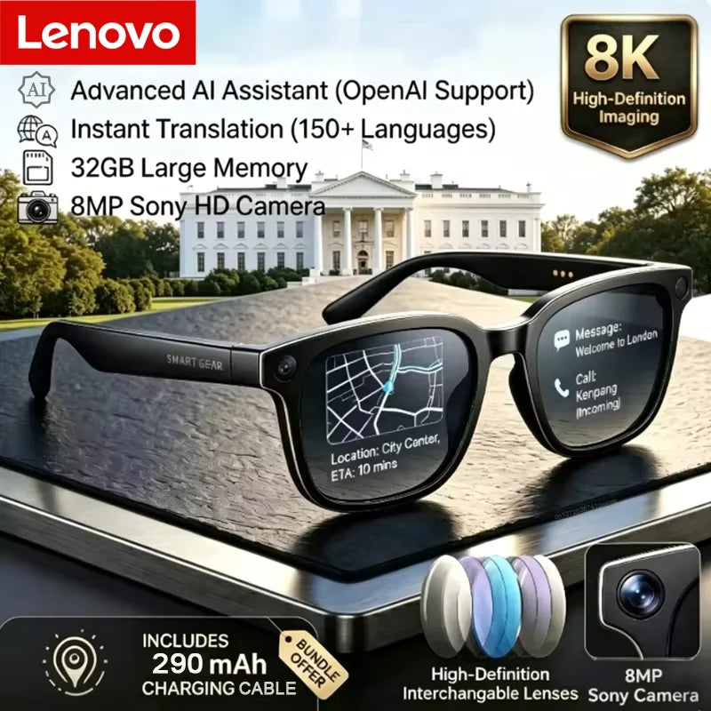 Óculos Inteligentes AI 8K HD com Câmera, Música Bluetooth e Chamada