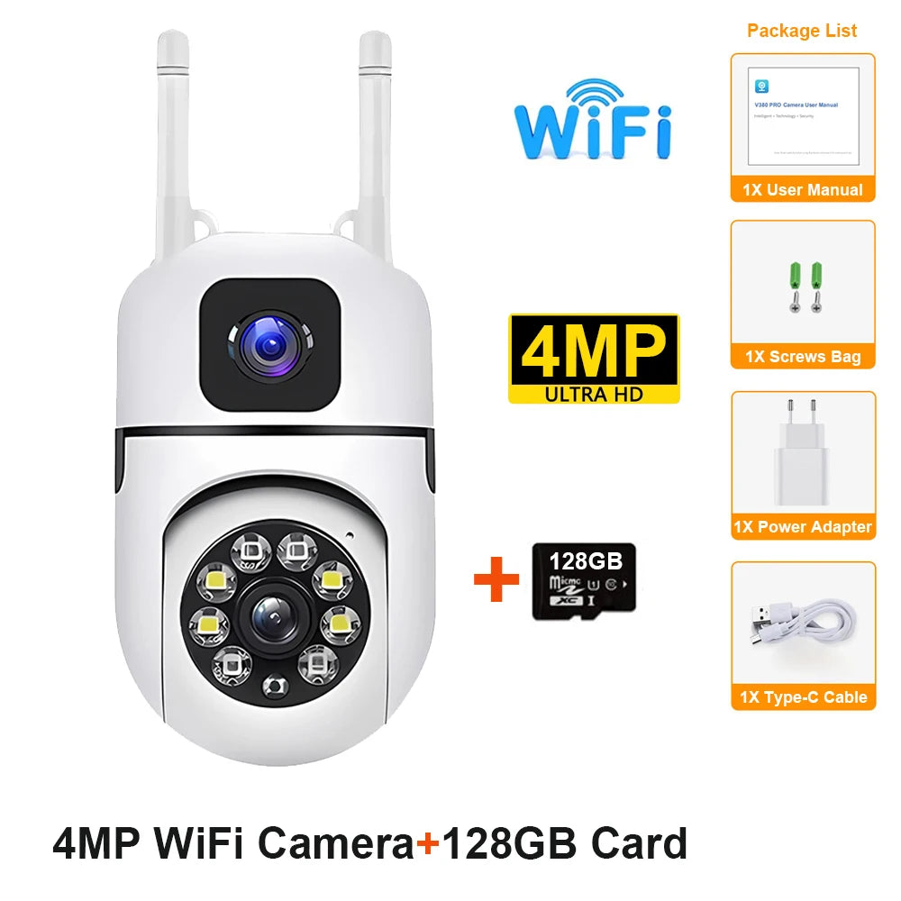 WiFi IP Camera Security Protection Dual Lens Dual Screen Wireless Indoor Monitor Auto Track PTZ CCTV Video Surveillance V380 Pro wifi camera add 128G / US Plug