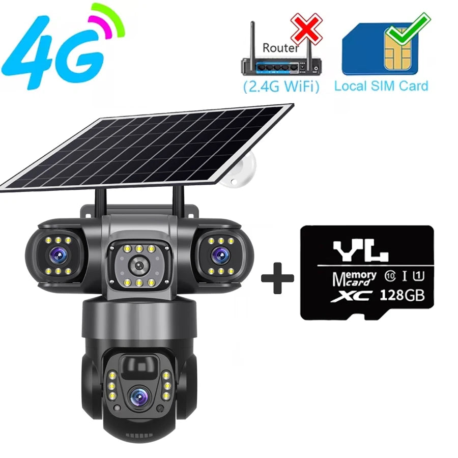 3 Lens 4G Solar Camera 15MP HD Security CCTV Waterproof Night Vision Two-Way Audio Camera Mobile Tracking 4G IP Cameras V380 Pro 4G Camera 128G Card
