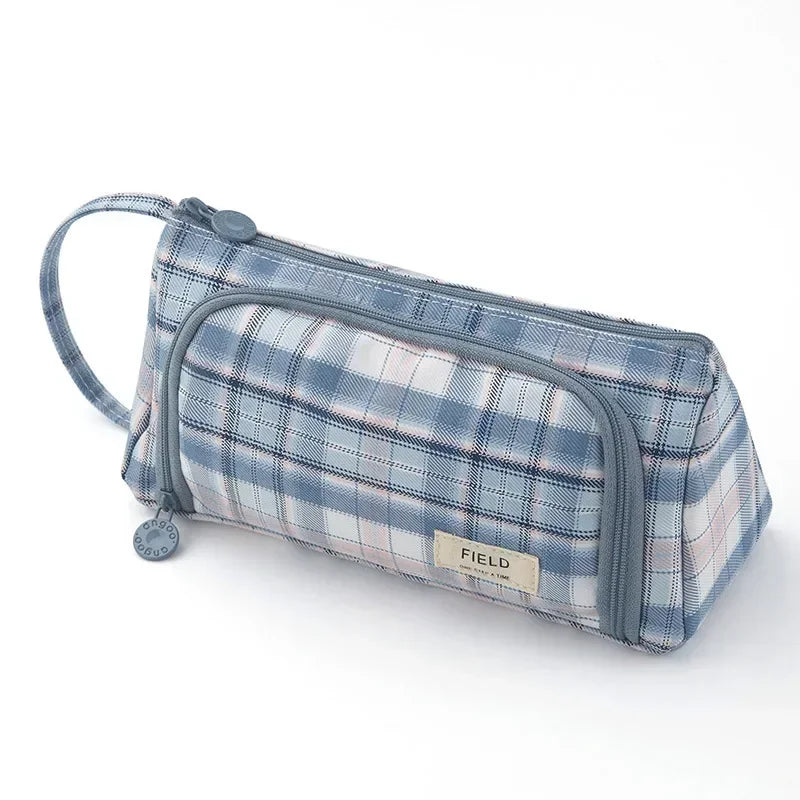 Multi-Layer Plaid Pencil Case - Ideal for Organisation &amp; Style White Blue